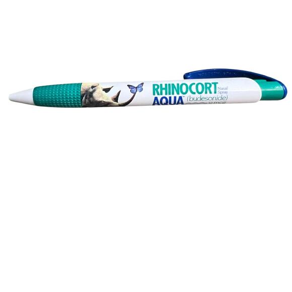 Vintage Rhinocort Aqua Pharma Rx Drug Rep Ballpoint Click Pen Blue/Green - Picture 3 of 6